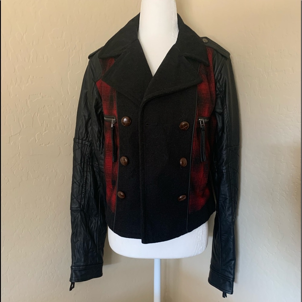 Red and black wool blend coat with faux leather